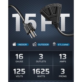 DEWENWILS Extension Cord Multiple Outlet Weatherproof, 15 FT Tri-Tap Cords, 16/3 SJTW Power Cable for Outdoor Landscaping String Lights, ETL Listed, Pack of 2, Black