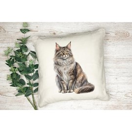 Anonymous Gifting Cat Lovers Printed Cushion Cover - Watercolour Maine Coon Cat - 40x40cm - Linen Style