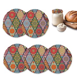 5-Pack Cloth Covers for Sourdough Starter Jars, Vintage Boho Mandala Reusable Lids for Bread Fermentation, Fits 3-4 Inch Mouths