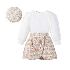 AMMENGBEI Girl's Skirt Sets Puff Sleeve Tops Plaid Tweed Skirt With Hat Kids Fashion Clothes Fall Winter Outfits(Pink,7-8 Years)