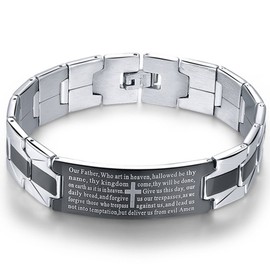 Bestdays Men's Vintage Stainless Steel Black Cross Silver English Bible Lords Prayer Religious Link Wrist Bracelet (cross middle, black silver, 7.9 inch)