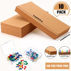 10 Pcs Cork Bulletin Board 17 x 8 Inches Thick Cork Board Tiles 1/2 Flameless Corkboards for Wall with 100 Pcs Pushpins Cork Sheets Self Adhesive Corkboards Wall Decor for Office Home School Supplies