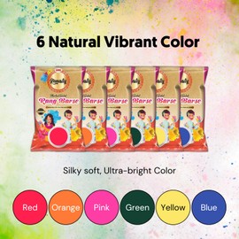 Namastey 6 Holi Color Powder Packets - 200g Each - Pack of 6 Multi Colored Powders - Red, Yellow, Green, Pink, Orange, Blue Natural Powders for Color Wars, Fun Runs, Summer Camps, Festivals