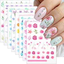 8Pcs Flower Nail Art Stickers 3D Self Adhesive Cherry Blossom Nails Decals Spring Summer Flower Nail Stickers Pink Blue Daisy Nails Design Sticker Colorful Floral Manicure Supplies for Women Decor
