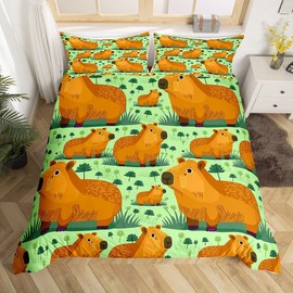 Capybaras Duvet Cover for Capybara Lovers Single,Kawaii Capybara Family Bedding Set,Botanical Plants Comforter Cover,Natural Theme Cute Mouse Rodent Animals Brown Green Quilt Cover Room Decor