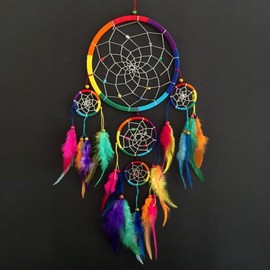 OMA Dream Catcher - Hand Made Traditional Multi Color Chakra Rainbow Dream Catcher with Tie Dye Feathers & Beads Dreamcatcher - 7" Diameter & 22" Long