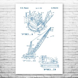 Crawler Crane Poster Print, Heavy Machinery Art, Architect Gift, Civil Engineering, Structural Engineer, Crane Blueprint Blue & White (8 inch x 10 inch)