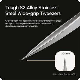 DURI Tough S2 Alloy Stainless Steel Wide-Grip Tweezers Ultra-fine Precision Tip for Superior Handling Electronics Soldering Welding Experimental Work Jewellery-Making Sewing DIY Crafts