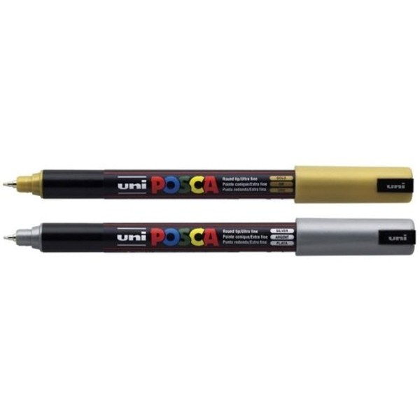 Uni-Ball PC-1MR Posca Marker Pens - Gold and Silver Ink (Pack of 2)