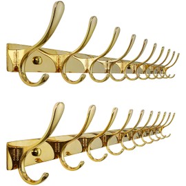 SKOLOO Coat Rack Wall Mounted - 10 Hooks, Pack of 2, Heavy Duty, Stainless Steel, Metal Wall Hangers, Sturdy Coat Hooks for Hanging Coats, Jacket, Clothes, Hat, Bright Gold