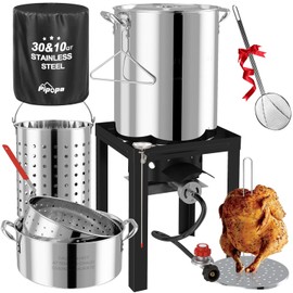 30QT Stainless Steel Turkey Fryer | Outdoor Fryer | Cover & Skimmer Included | Seafood Boil Pot | 50,000BTU Propane Burner | Deep Fryer Pot with Basket | Crab, Seafood & Crawfish Boiler