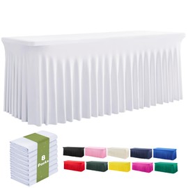 leegleri White Spandex Table Clothes for 8 Foot Rectangle Tables, 8 Pack Wrinkle Free Rectangle Table Cloth 8ft Stretch Fitted Tablecloths with Skirt for Parties Weddings Birthday Banquet Baby Shower
