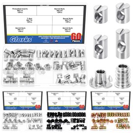 Glarks 60pcs M6 x 10/12/15/20mm Nickel Plated Barrel Cross Dowels Slotted Nut Kit, Includes 40pcs Barrel Nut, 10pcs M6x10mm 4-Pronged Tee Nut, 10pcs M6x15mm Hex Socket Threaded Insert Nuts