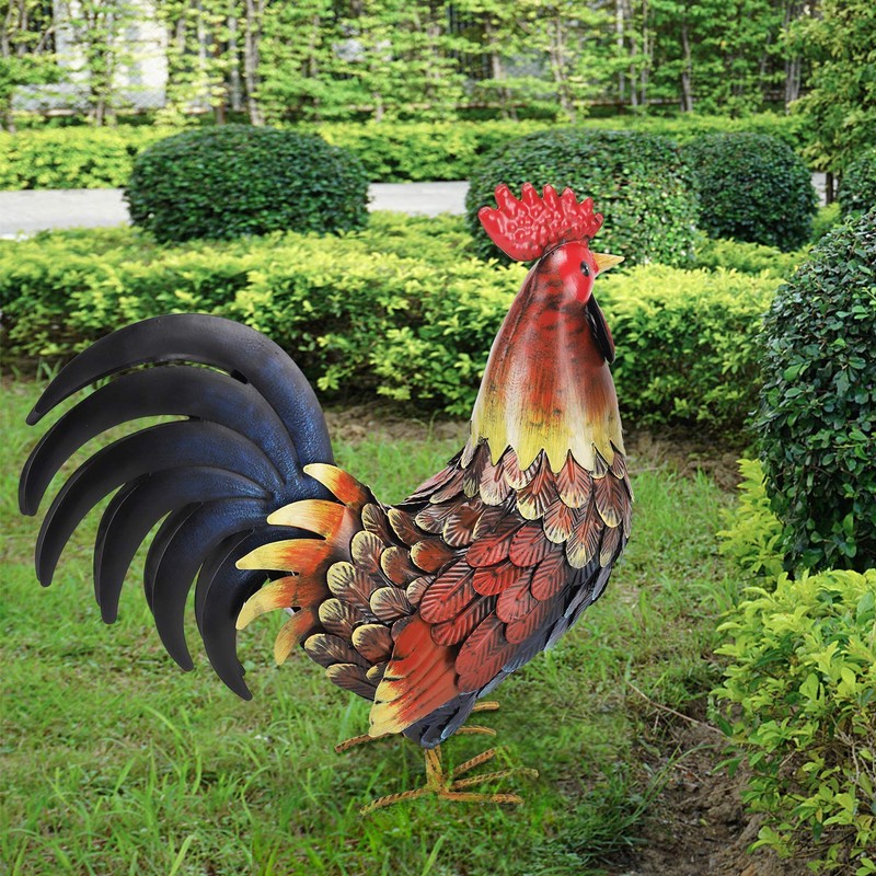 chisheen Rooster Decor Garden Statue Metal Chicken Yard Art Sculpture