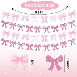 RICHHHA 4pcs Glitter Pink Bow Garland Banner Pre-Strung Pink Bow Theme Party Backdrop Bridal Baby Shower Sign Garland Coquette Birthday Party Supplies Decorations for Women Girls,NO-DIY