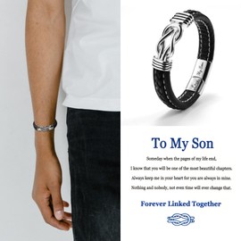SUNSH Forever Linked Together Braided Leather Bracelet - Stainless Steel Braided Leather Bracelet for Men with Quote Cuff 8-9 Inch Bracelet for Son/Grandson Inspirational Gift for Son/Grandson Friend