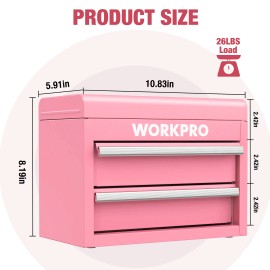 WORKPRO Mini Metal Tool Box with 2 Drawers and Top Storage Pink with PVC Liners