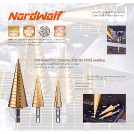 NordWolf 12-Piece HSS Titanium Metric Step, Countersink, Cone Drills with 1/4" Hex Shank, Multi Drill Saw & Automatic Center Punch Combination Set in Storage Case
