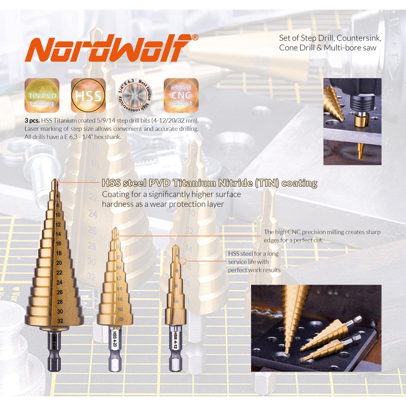 NordWolf 12-Piece HSS Titanium Metric Step, Countersink, Cone Drills with