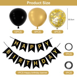 Mynoozi Happy Birthday Banner, Black Gold Birthday Decoration Set with 20Pcs Balloons and 2Pcs Ribbons, Birthday Balloons Decorations for Men, Boys, Women and Girls