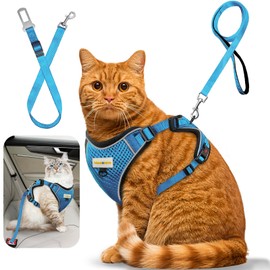 Upgraded Car Cat Harness and Leash for Walking, Adjustable Soft Vest Cats Harnesses for Anti Escape, Breathable Reflective Strips Harness for Cat Easy to Wear Leash Set for Outdoor Walking, Blue,M