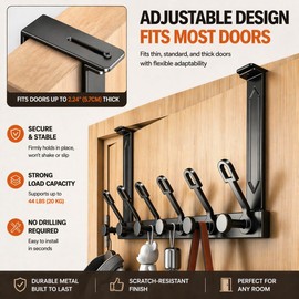 WBDXWB Over The Door Hook, Heavy Duty Adjustable No Wobble & Stable, 12 Hooks No Drilling, Fits Thin, Standard & Thick Bedroom Bathroom Doors, Storage for Coats, Towels and Bags (1 Pack, Black)