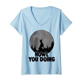 Womens Howl You Doing German Shepherd Howling Women Doggy Moon Love V-Neck T-Shirt