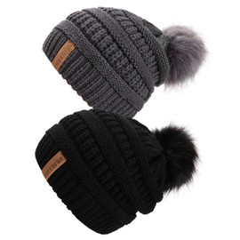 Queenfur Knit Slouchy Beanie for Women Thick Baggy Hat Faux Fur Pompom Winter Hat