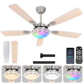 OUTON 52" Ceiling Fan with Light, Remote & APP Control, Low Profile RGB Ceiling Fans Light, Reversible, 6 Speeds, 3000-6500K Stepless Dimming, Modern Ceiling Fan for Bedroom Indoor/Outdoor Use Wood