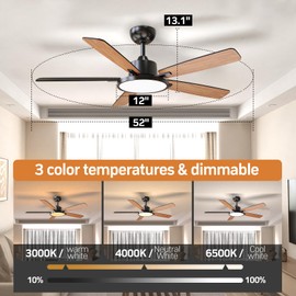 TALOYA 52 Inch Black Ceiling Fans with Lights Led Remote Control Flush Mount Low Profile for Bedroom Living Dining Room Outdoor Farmhouse Patio,Reversible,DC Motor,Diammable,Buzzer ON/Off,5 Blades