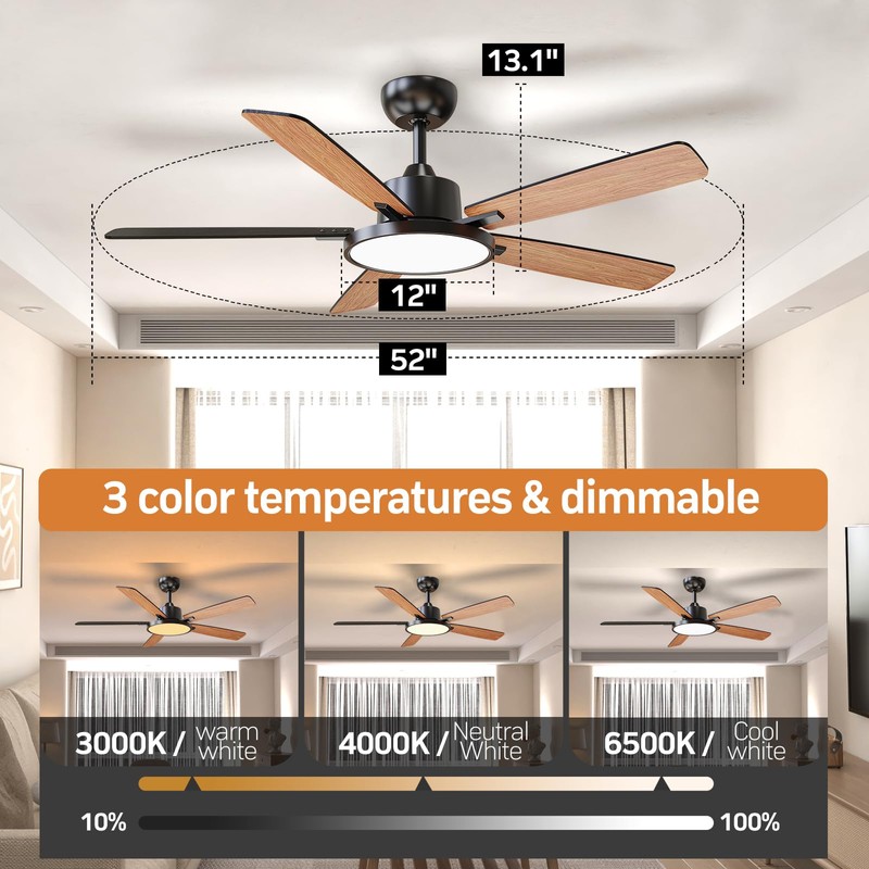 TALOYA 52 Inch Black Ceiling Fans with Lights Led Remote