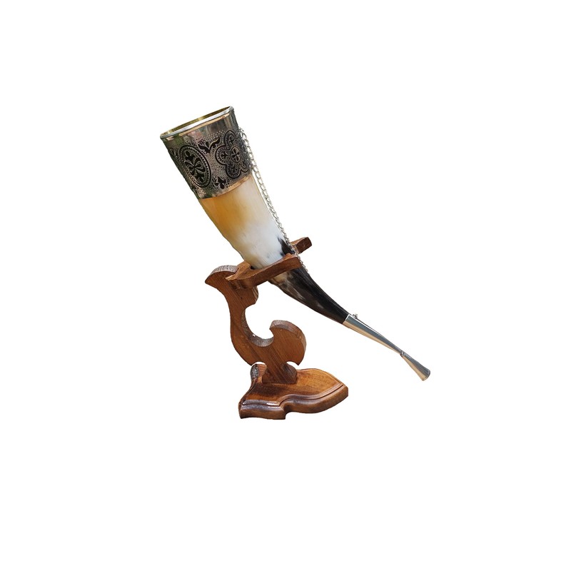 Viking Drinking Horn, 5-7oz Medieval Natural Handcrafted Horn with Wooden