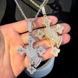 ATJMLADY Micro Paved 5A CZ Hip Hop Jewelry Praying Hand Cross Pendant Necklace for Men (Gold color)