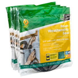 Duck Brand Self Adhesive Foam Weatherstrip Seal for Extra Large Gaps, 60 Total Feet, Window and Door Seal Strip Foam Tape, 3/4-Inch Wide x 1/2-Inch Thick x 10-Feet Long, 6 Rolls, Charcoal (288072)