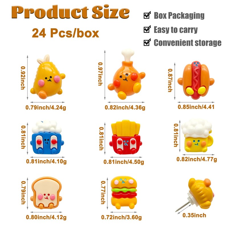 WINFA 24 Pack Cute Food Push Pins for Cork Board,