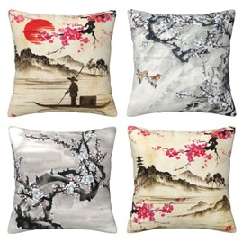 Vintage Japanese Plum Blossom Throw Pillow Covers 16x16 Set of 4,Retro Traditional Watercolor Spring Cherry Blossoms Lakes Hills Girls Women Pliiow Covers for Living Room Bedroom Sofa Party Decor