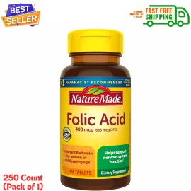 Nature Made Folic Acid 400 mcg (665 mcg DFE), Dietary Supplement, 250 Tablets...