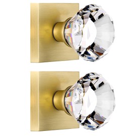 HIEMEY 2 Pack Satin Brass Dummy Door Knob Set, Clear Glass Crystal Inactive Interior, Hall and Closet Square Gold, Diamond Shape Kit BS-009