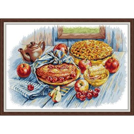 JOYSEWING Bread Kitchen Afternoon Tea Printed Pattern Counted Cross Stitch kit Stamped Kits Printed Embroidery for Beginners DIY Gift Home Decoration (Apple Cherry Pie(14CT) 21.26 ×15.75 inch)