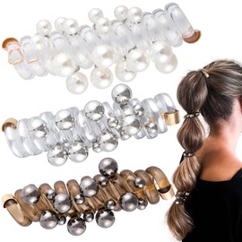 VARMDUKKE 3PCS Bead Spiral Hair Ties, No Crease Pearl Bead Phone Cord Ponytail Holders for Women, Elastic Rubber Hair Coils, Vintage Hair Bands Accessories for Party, Daily Use - 3 Colors