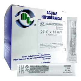 Aguja HiPodérmica calibre 27g X 13mm Dl Caja Con 100 Agujas