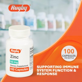 Rugby Zinc 50mg - Gluten-Free Daily Dietary Supplement for Immune Support, 100 Count