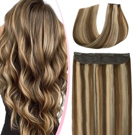 SURNEL Fish Line Hair Extensions Double Drawn Wire Hair Extensions 20 inch Color 4 Medium Brown Highlighted 27 Caramel Blonde Thick Remy Fish Wire Hair Extensions Human Hair 80g(#4P27,20inch)