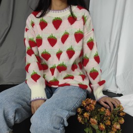 Womens Kawaii Strawberry Pattern Sweater Cute Long Sleeve Pullover Knit Sweater Tops