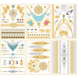 Metallic Gold Henna Temporary Tattoos 80+ Mandala Tattoos Flowers, Mandalas, Elephants, Waterproof, Non-Toxic, Durable for Beach, Festivals, & Parties