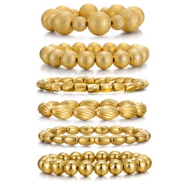 KISS WIFE Gold Bracelets for Women, 6 Pcs Gold Bracelet Stack Beaded Bracelets for Women Strand Matte Frosted Bead Ball Stretchable Elastic Bracelet Set Adjustable Fashion Accessories Jewelry for Gifts