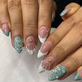 Summer Press on Nails Short Almond Fake Nails with Designs Green French Tip Acrylic Nails 3D Flower Shell False Nails Pearl Glue on Nails Handmade Full Cover Stick on Nails for Women and Girls 24pcs
