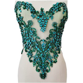Handmade Rhinestones lace Applique handsewing Beads Sequins Trimming Patches for Dress Clothing Accessories More Colour (Deepgreen)
