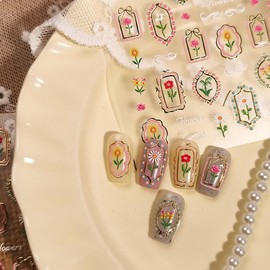Flower Nail Art Stickers 5D Embossed Nail Decals Tulip with Golden Design Nail Stickers for Spring Nail Art Self-Adhesive Summer Manicure Decorations for Women Acrylic Nail Supplies