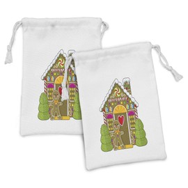 Ambesonne Gingerbread Man Fabric Pouch Set of 2, Dessert Themed House Colorful Candies Cookie Man Graphic, Small Drawstring Bag for Toiletries Masks and Favors, 9" x 6", Multicolor